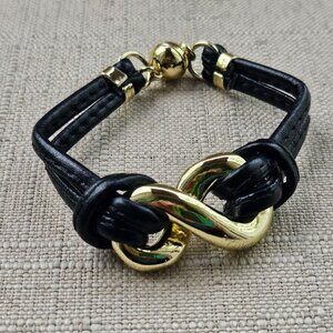 RFM by Roberto Bracelet Infinity Gold Tone Magnet Clasp Black Leather Wristband